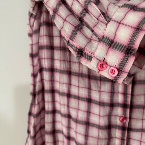 Seven7 Jeans Hot Pink Plaid Double Button Down Half Sleeve Cotton Shirt L - Picture 3 of 6